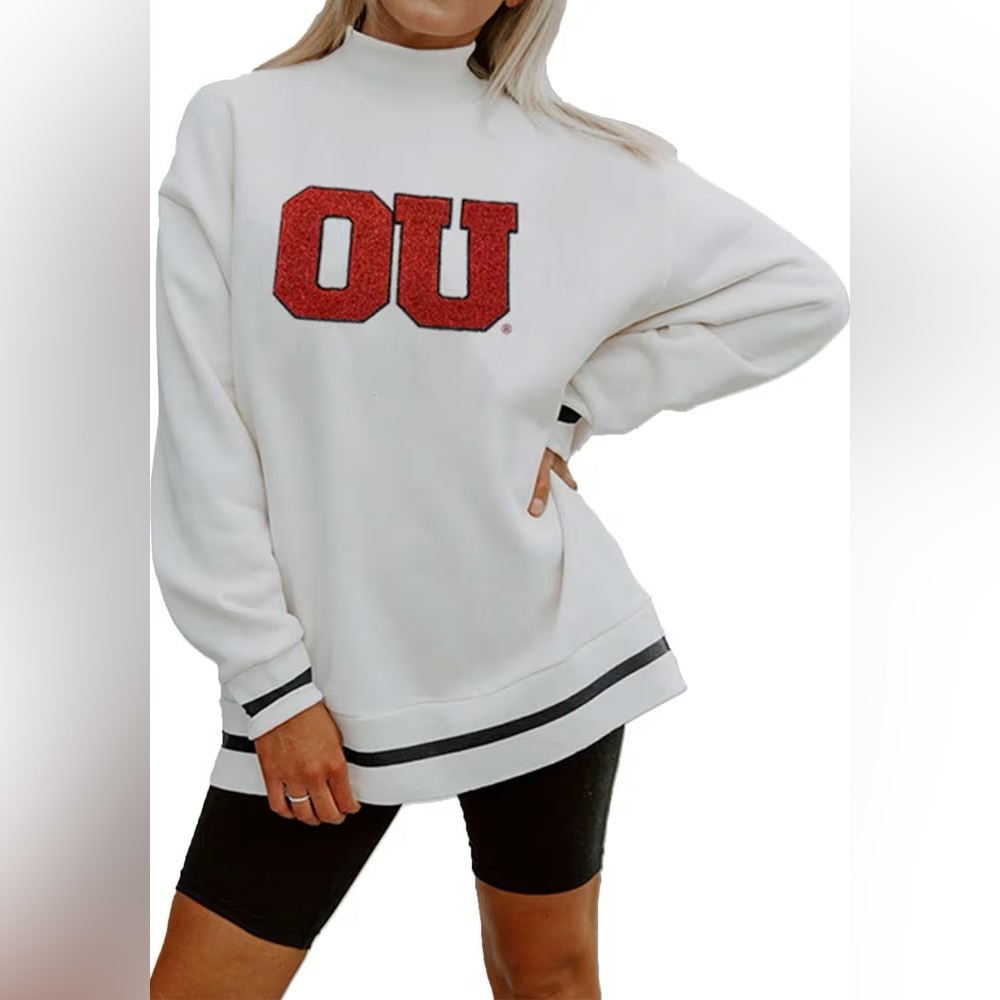 OU Logo White Funnel-Neck Sweatshirt Size M